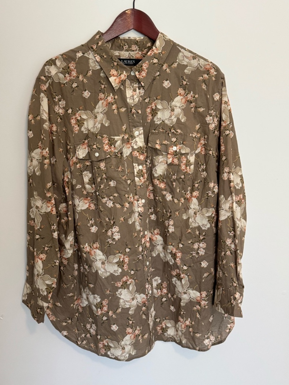 Lauren Ralph Lauren Women's Floral Tan Long Sleeve Blouse Button 2X Lightweight